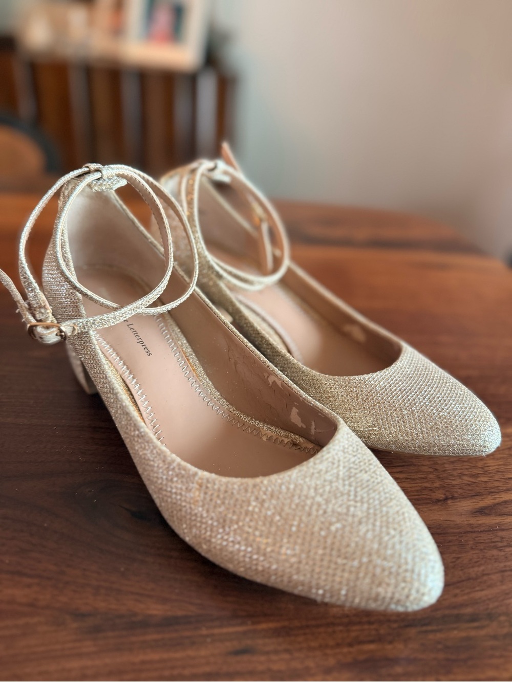 Pilcro and the Letterpress Gold Pointed-Toe Ankle-Strap Heels